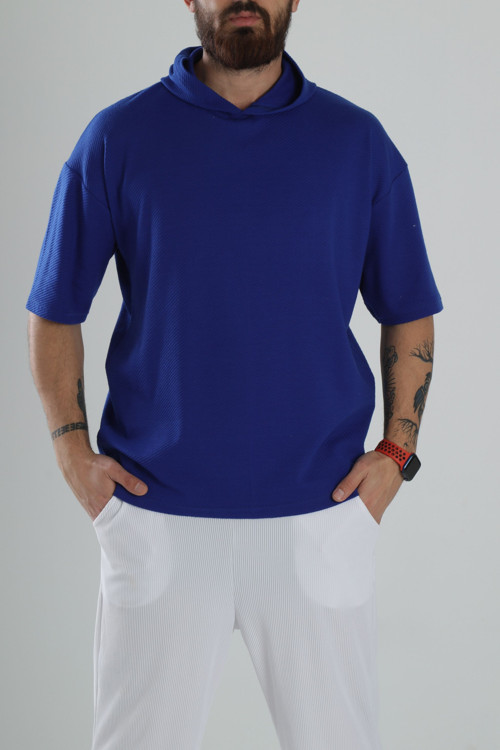 Kapüşonlu Mavi T-Shirt