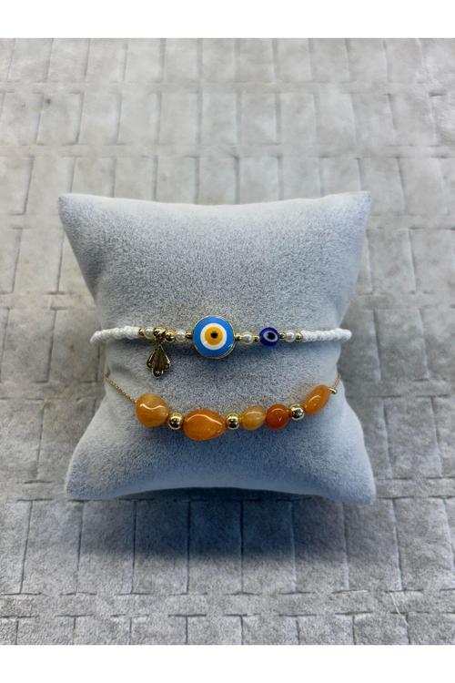 moda tasarım doğal taşlı nazar boncuklu kombin bilekliği