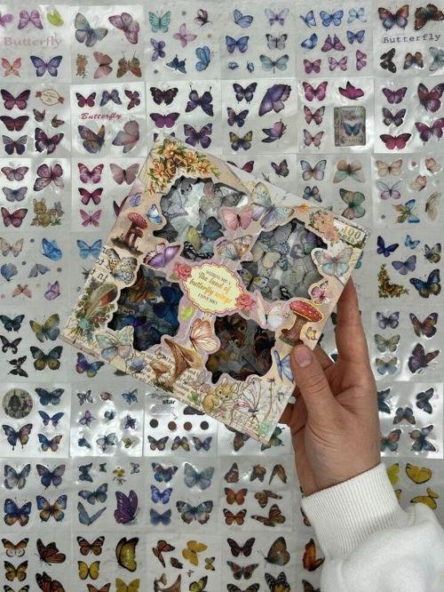  4 Bölmeli 100 Yaprak Özel Tasarım Retro Soft Renk Kelebekli  Sticker Set /Etiket /Su Geçirmez