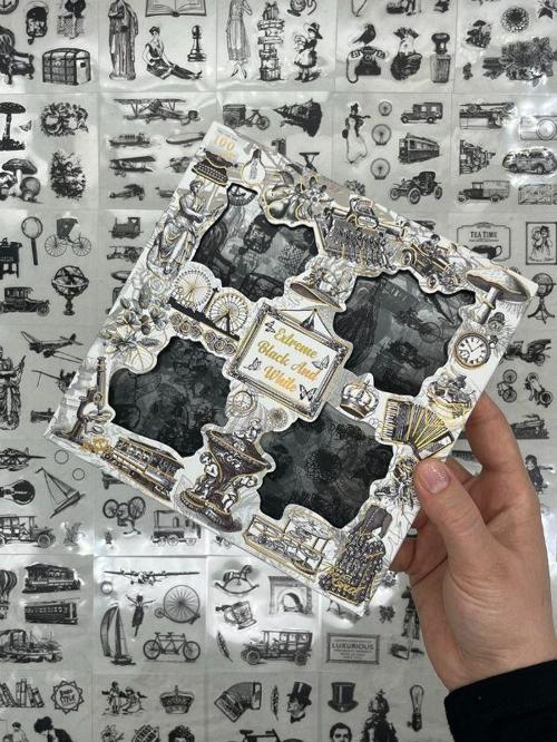  4 Bölmeli 100 Yaprak Özel Tasarım Siyah-Beyaz Renk  Nostaljik Sticker Set /Etiket /Bullet Journal/Su Geçirmez