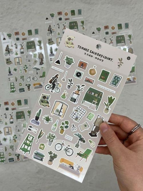 Kawaii Günlük Rutinler 41 Adet Tek Yaprak Yeşil Paket Sticker / Bullet Journal / Ajanda 