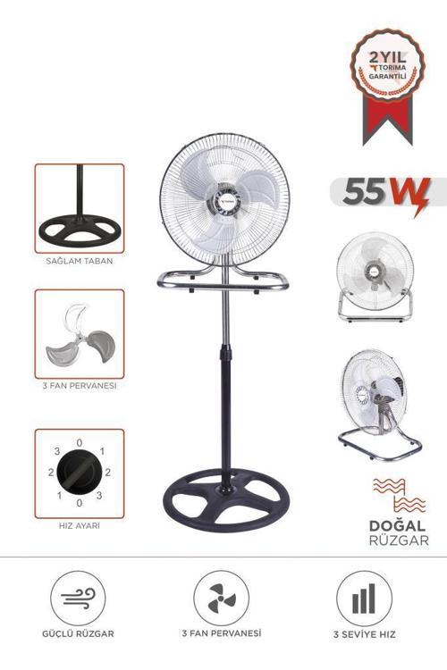 SF-03 Gümüş Ayarlanabilir 18'' İnc Ayaklı 55W 3 Kademe 3 Pervaneli Vantilatör Fan