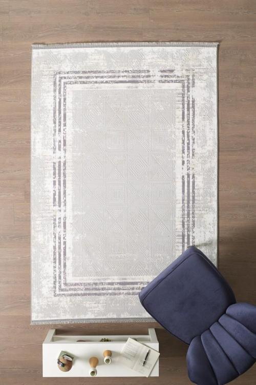 Modern Tasarımlı Pamuk Tabanlı Karo Mermer Desenli Saçaklı  Krem Renkli Halı