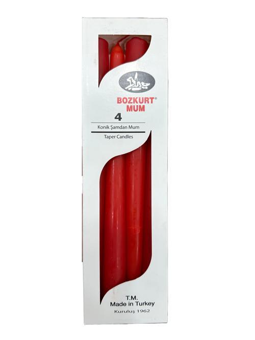 Bozkurt Konik Şamdan Mum Fener Mumu - Kırmızı - 24 Cm. - 4 Adetlik Paket