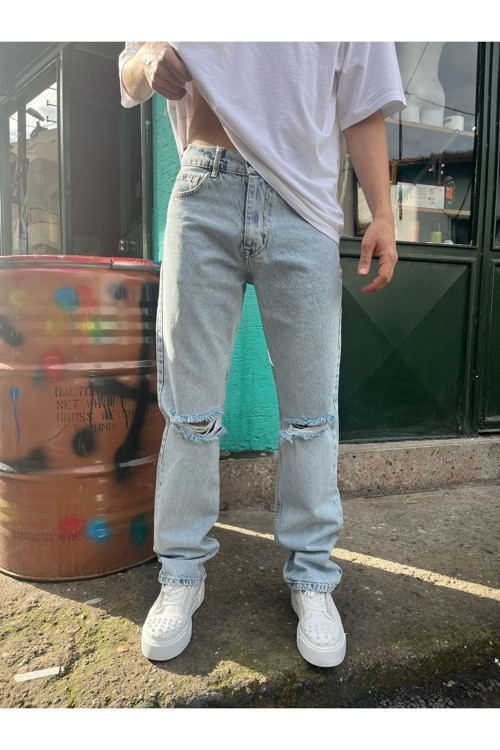 Dizi Yırtık Lazer Detay Buz Mavisi Loose Fit Jean