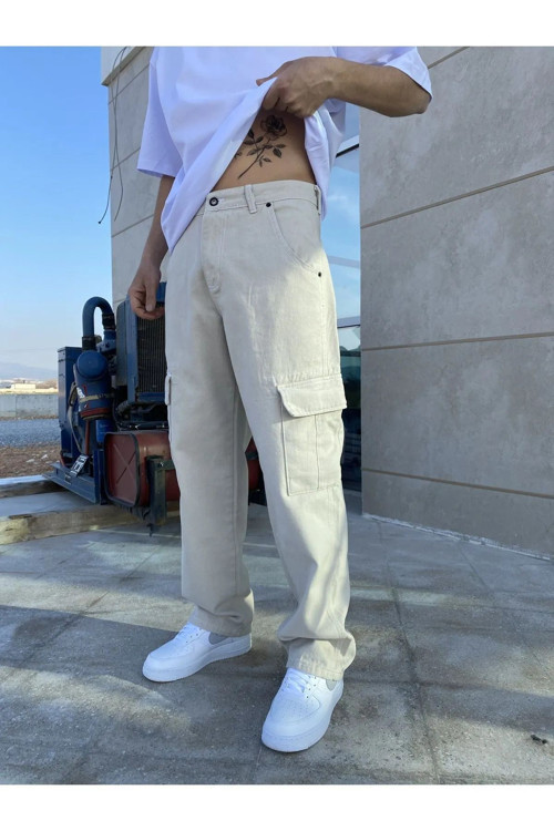 Double Cep Detay Taş Rengi Kargo Baggy Pantolon