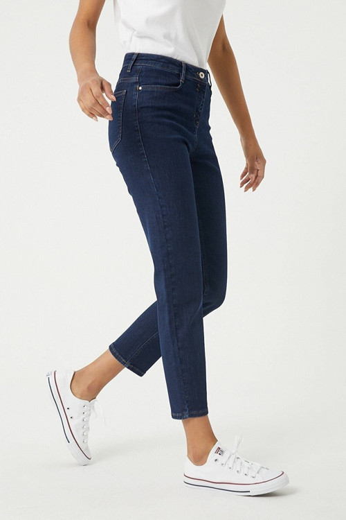 Mom Koyu Mavi Likralı Mom Süper Yüksek Bel Mom Jeans