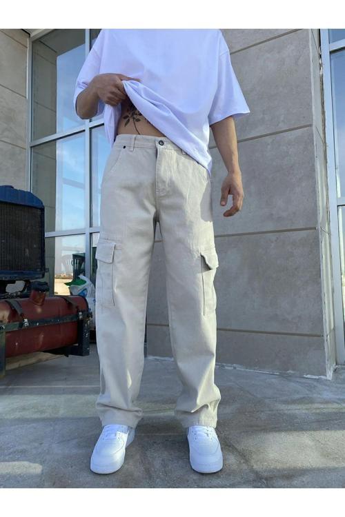 Double Cep Detay Taş Rengi Kargo Baggy Pantolon