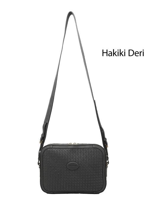 Kadın Gri Hakiki Deri Hasır Örgü Uzun Askılı Omuz Çantası