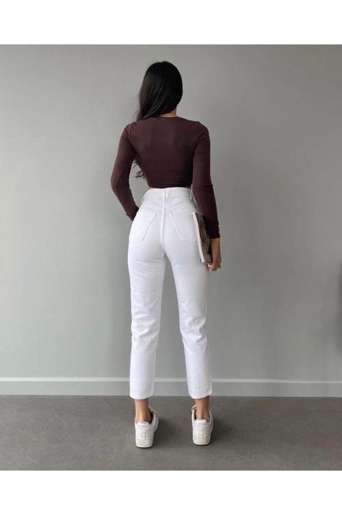 Mom Jean Likralı Beyaz Yüksek Bel Kot Pantolon(İç Göstermez)