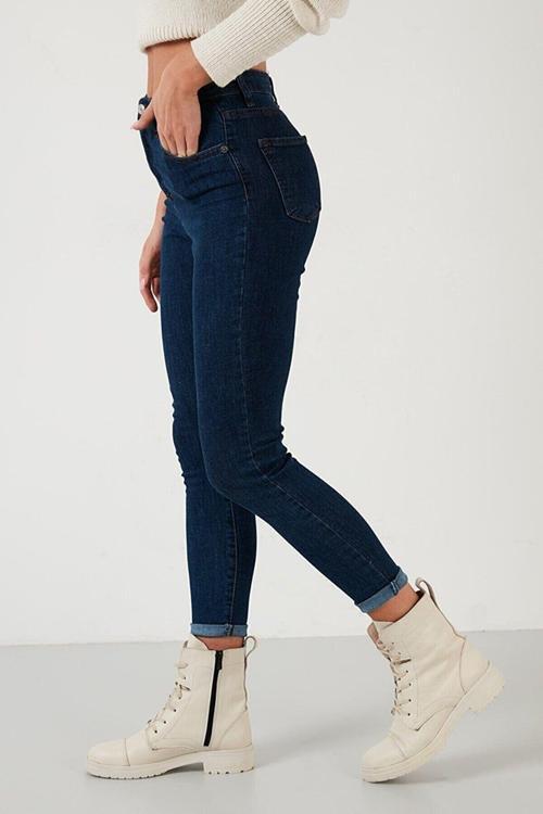 Kadın Mavi Yüksel Bel Bilek Boy Dar Paça Skinny Likralı Kot Pantalon