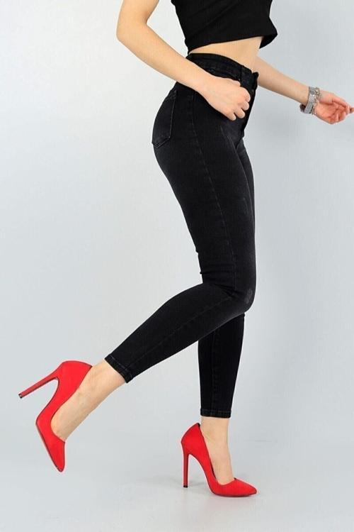 Kadın Siyah Antrasit Tırnaklı Eskitmeli Yüksel Bel Dar Paça Skinny Likralı Kot Pantalon