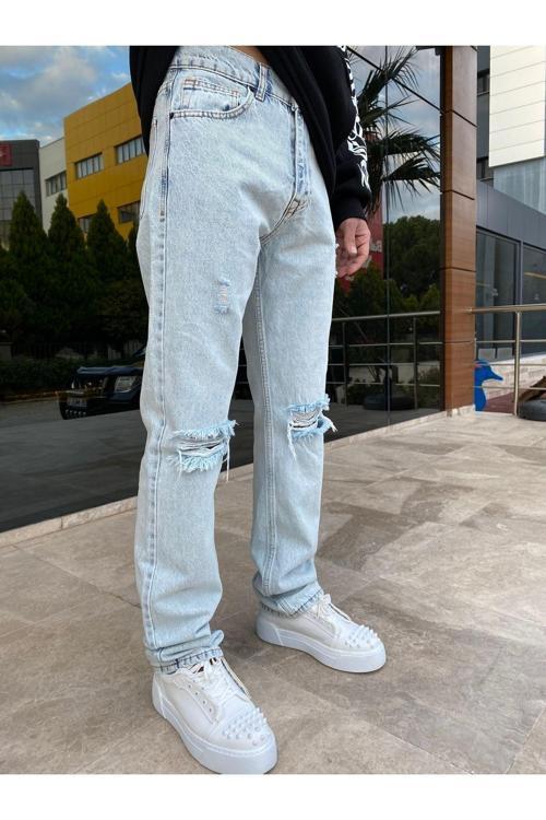 Buz Mavisi Dizi Yırtık Baggy Jean