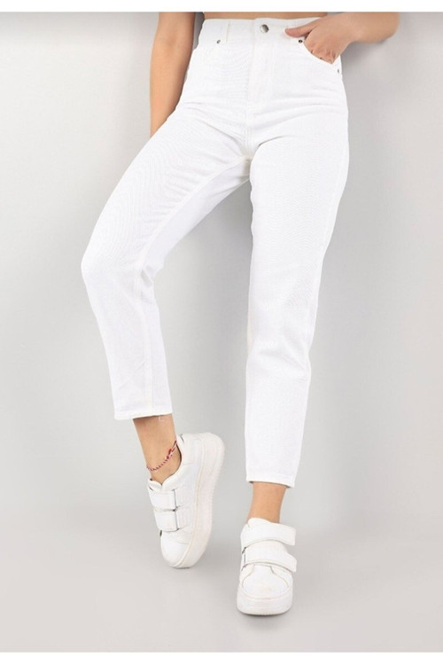 Maria Kadın Beyaz Süper Yüksek Bel Comfort Likralı Mom Kot Pantalon Jeans