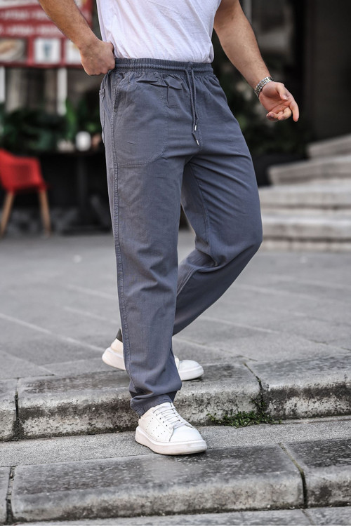 Füme Renk Erkek Yazlık Keten Karışımı Relaxed Pantolon - Füme