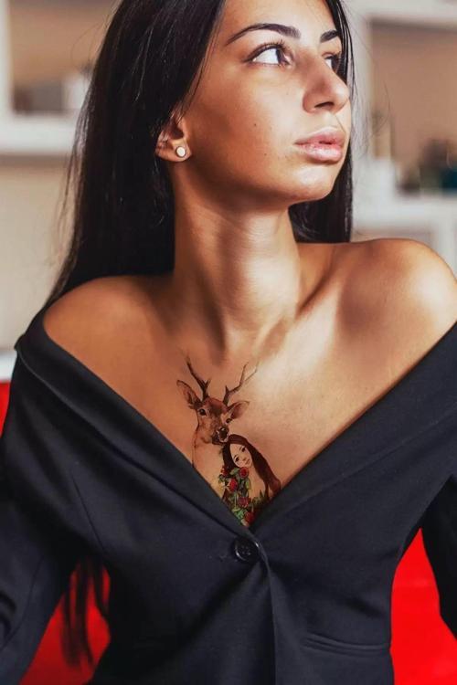 Geyik ve Kadın Modelli Geçici Dövme Tattoo