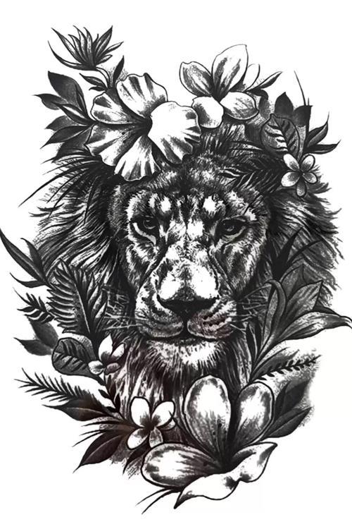 Aslan Ve Çiçek Figürlü Geçici Dövme Tattoo