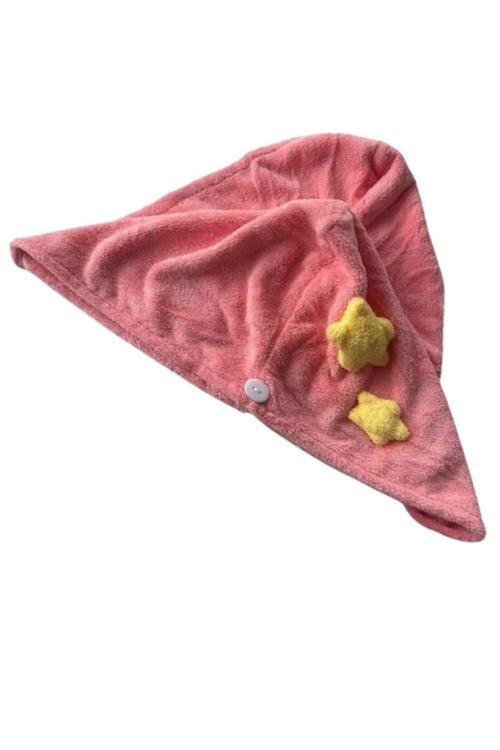Pembe Renk Yıldız Figürlü Lastikli Saç Havlusu/ Bone
