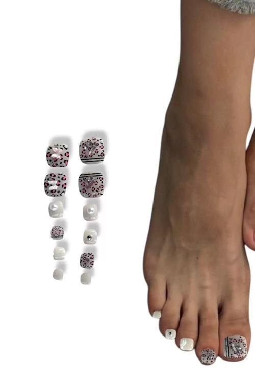 12'li Leopar Figürlü Kelebek Figürlü İnci Detaylı Ayak Takma Tırnak Set