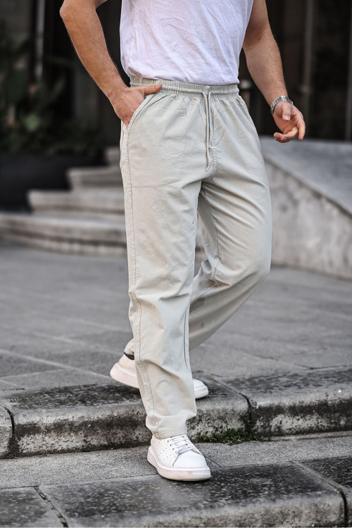 Gri Renk Erkek Yazlık Keten Karışımı Relaxed Pantolon - Gri
