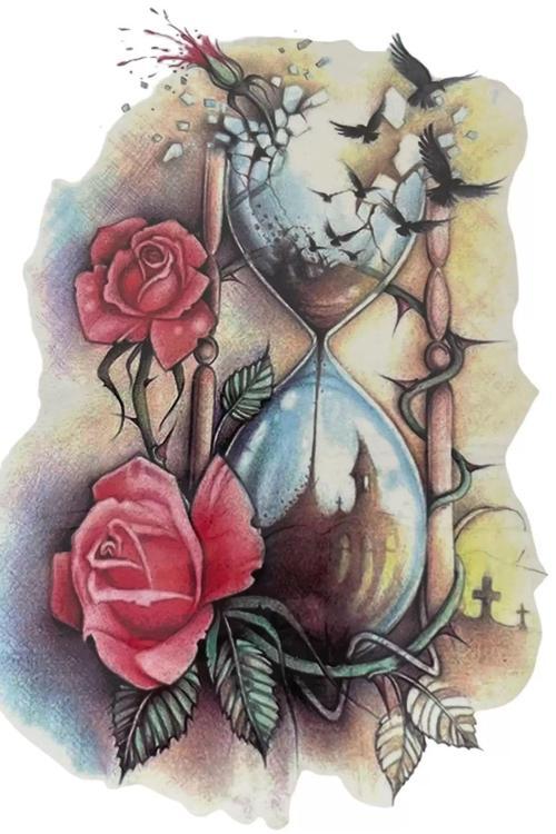 Kum Saati Ve Çiçek Figürlü Geçici Dövme Tattoo