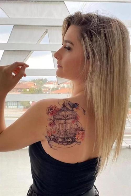 Kafes Kuş ve Gül Geçici Dövme Tattoo