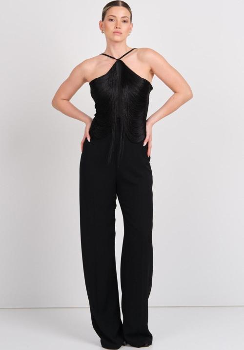 Kadın Püskül Detaylı Boyundan Bağlamalı Abiye Tulum 2283 Siyah