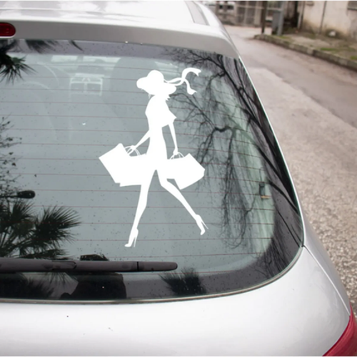 Alışveriş Yapan Kadın Sticker Oto Araba Etiket Beyaz Renk 18CM