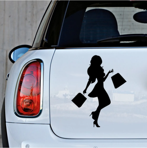 Elinde Çantası Bulunan Alışveriş yapan Mutlu Kadın Araba Sticker 20CM Siyah
