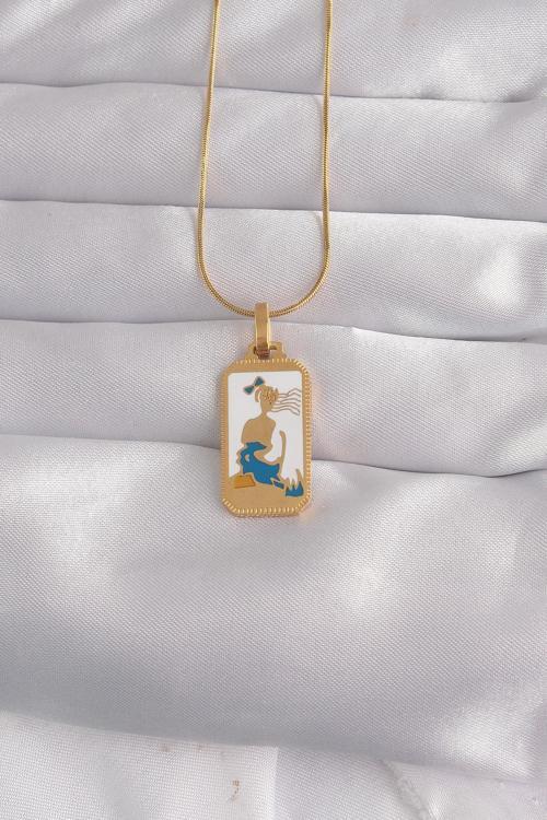 Çelik Gold Renk Beyaz Mineli Kız Figür Tarot Kolye