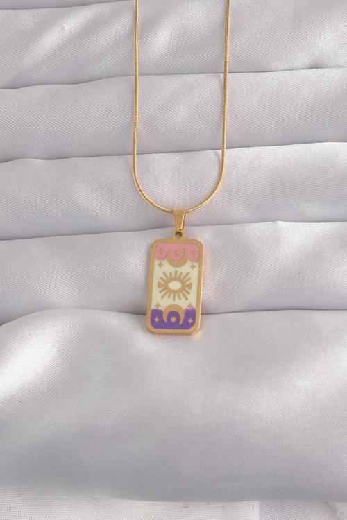 Çelik Gold Renk Karışık Mineli Ay Figür Tarot Kolye
