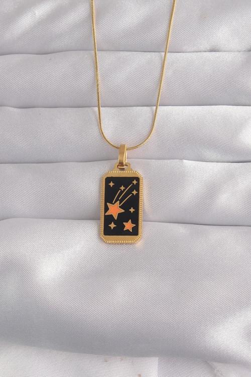 Çelik Gold Renk Siyah Mineli Yıldız Figür Tarot Kolye