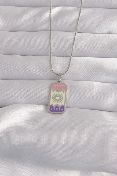Çelik Gümüş Renk Karışık Mineli Ay Figür Tarot Kolye