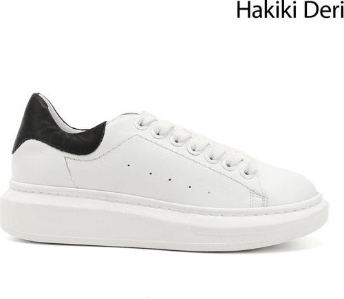 Kadın Beyaza Siyah Bağcıklı Dolgu Taban Hakiki Deri Sneaker