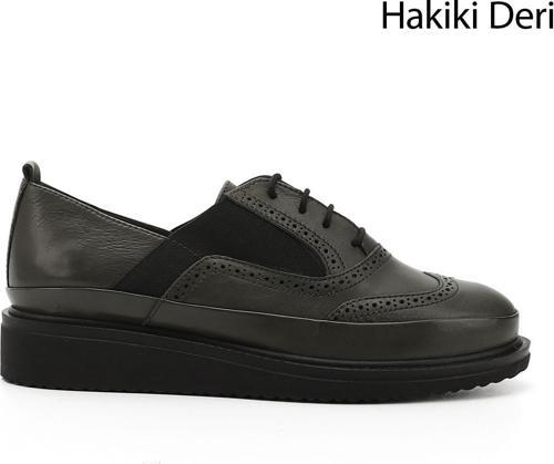 Kadın Haki Antik Bağcıklı Dolgu Taban Hakiki Deri Ayakkabı