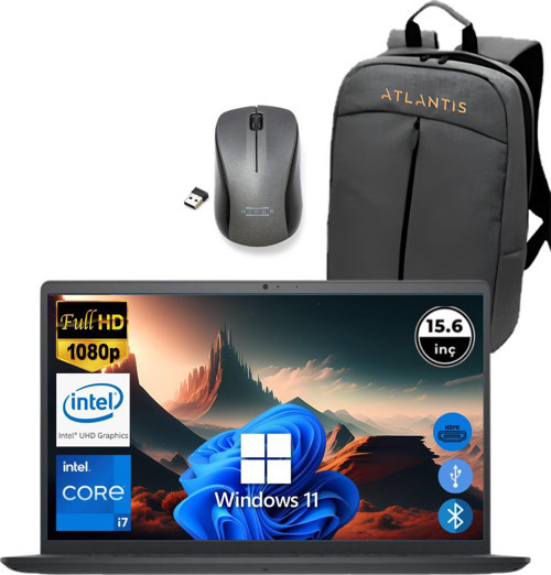 Inspiron 3520 i7 1255U 8GB 512 GB M.2 SSD I35201013U ATL212 O/B 15.6" Win11Pro Taşınabilir Bilgisayar+Çanta+Mouse