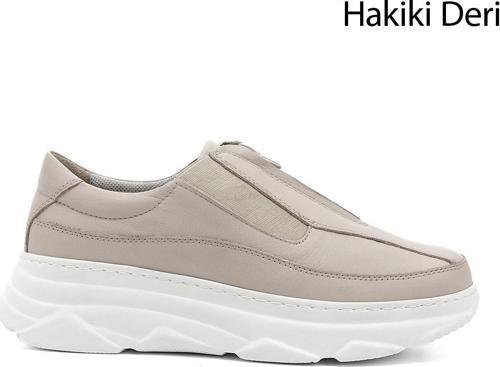 Kadın Bej Antik Fermuarlı Dolgu Taban Hakiki Deri Sneaker