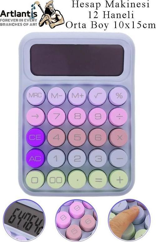 Hesap Makinesi Orta Boy Masaüstü 1 Adet 12 Haneli Yuvarlak Tuşlu Renkli Hesap Makinası 10x15 cm Renkli Büro Ofis Öğrenci