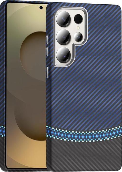 Galaxy S25 Ultra Kılıf M-safe Şarj Özellikli Karbon Fiber Görünümlü Gros Kılıf Siyah-Lacivert