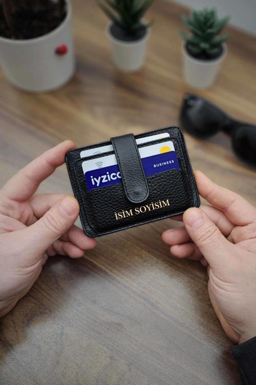 Siyah Hakiki Deri Kartlık İsim Baskılı Yatay Model Cüzdan Kartlık Portföy 10 Adet Kart bölmeli