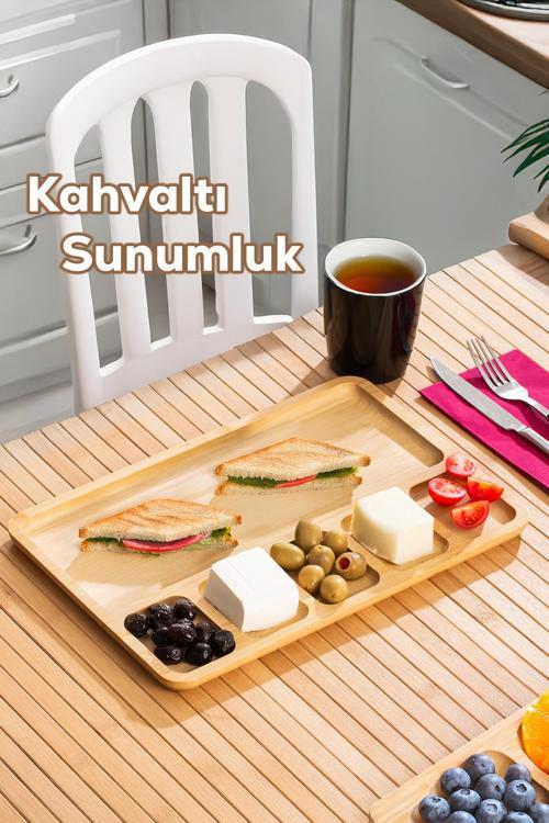 2075 Ahşap Bambu Kahvaltı Sunum Tabağı 6 Bölmeli Kahvaltılık Çerezlik 33x22cm