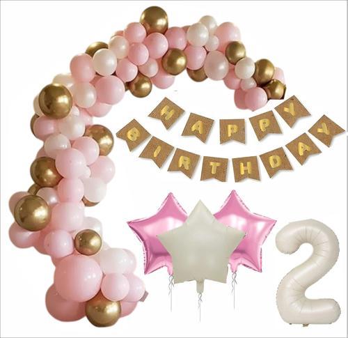 2 YAş Kraft-Gold Banner, 30 Adet Pembe, Gold, Beyaz Balon 2 Pembe 1 Bej Yıldızlı Doğum  Günü Seti