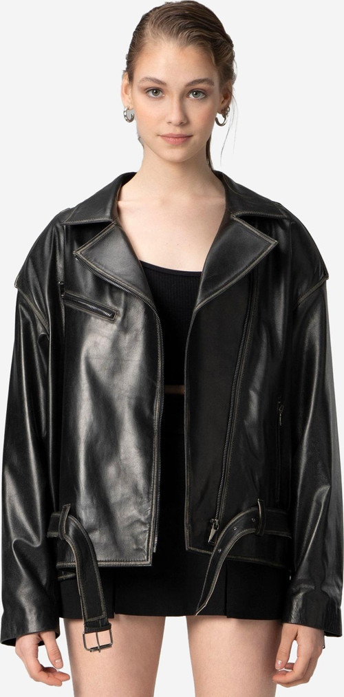 Pamela Unisex Silme Oversize Biker Hakiki Deri Mont SİYAH/BEJ