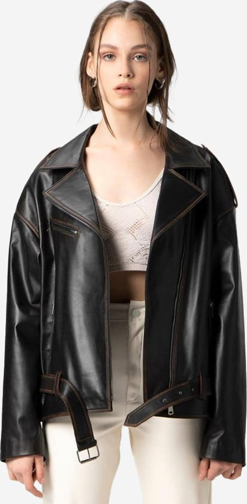 Pamela Unisex Silme Oversize Biker Hakiki Deri Mont SİYAH/TABA