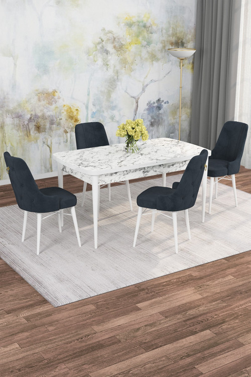 Arven Serisi 80x132 Açılabilir MDF Beyaz Mermer Desen Mutfak Masa Takımı 4 Sandalye