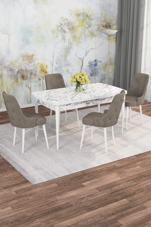 Arven Serisi 80x132 Açılabilir MDF Beyaz Mermer Desen Mutfak Masa Takımı 4 Sandalye