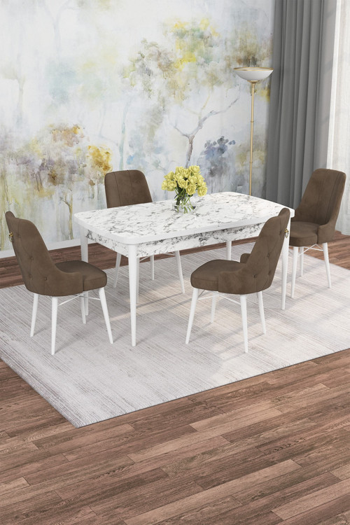 Arven Serisi 80x132 Açılabilir MDF Beyaz Mermer Desen Mutfak Masa Takımı 4 Sandalye