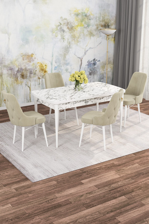 Arven Serisi 80x132 Açılabilir MDF Beyaz Mermer Desen Mutfak Masa Takımı 4 Sandalye