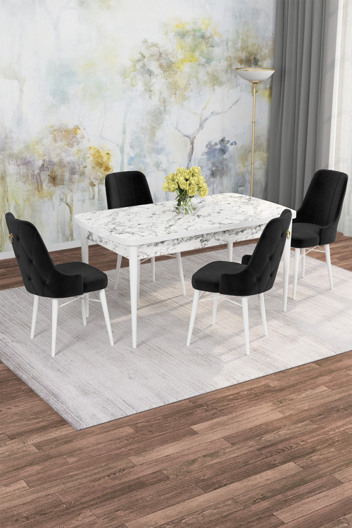 Arven Serisi 80x132 Açılabilir MDF Beyaz Mermer Desen Mutfak Masa Takımı 4 Sandalye