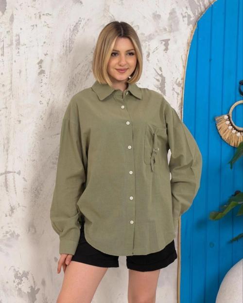 Relax fit keten gömlek haki s255349